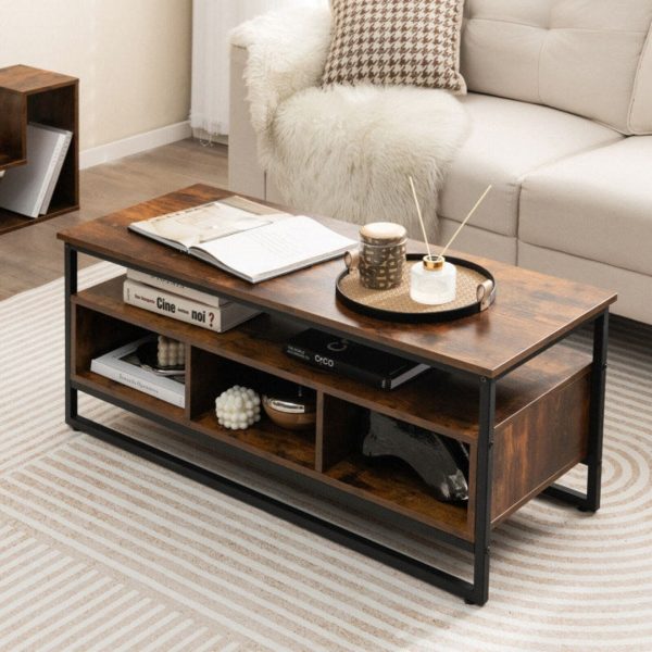 3-Tier Industrial Style Coffee Table with Open Shelf and 3 Storage Cubbies For Discount