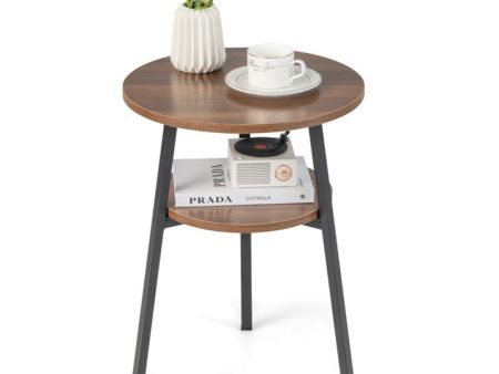 2-Tier Round End Table with Open Shelf and Triangular Metal Frame Hot on Sale