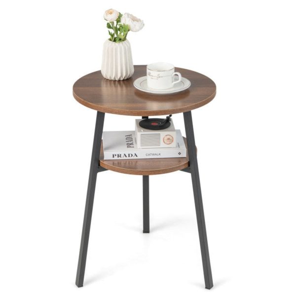 2-Tier Round End Table with Open Shelf and Triangular Metal Frame Hot on Sale