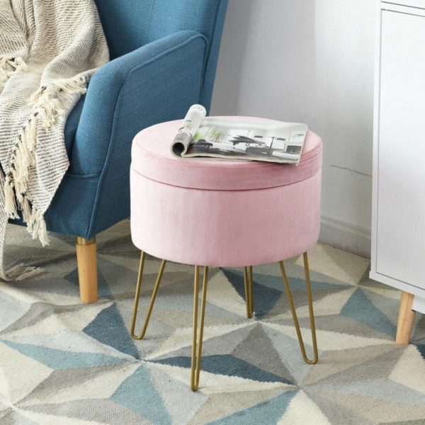 Round Velvet Storage Ottoman Footrest Stool Vanity Chair with Metal Legs Online Hot Sale