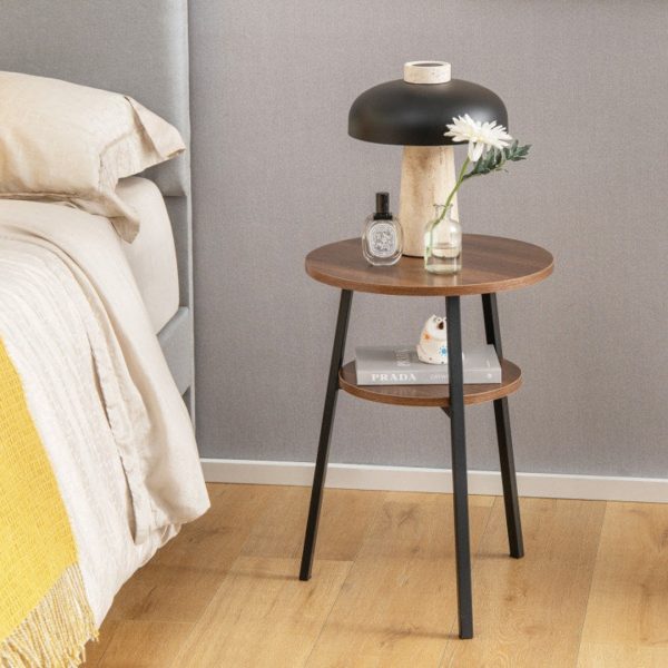 2-Tier Round End Table with Open Shelf and Triangular Metal Frame Hot on Sale