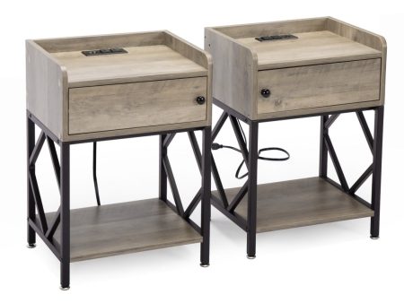 Set of 2 Wood Nightstand, Farmhouse End Table with Charging Station, USB Ports, Cabinet, and Shelf, Sofa Bed Side Table for Bedroom Living Room, Adjustable Foot Pads, Rustic Gray For Cheap