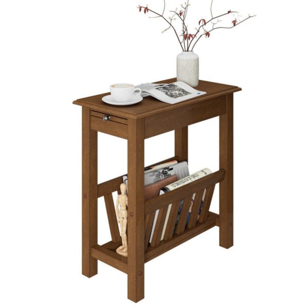 2-Tier Narrow End Table with Pull-out Tray and Solid Rubber Wood Legs For Sale