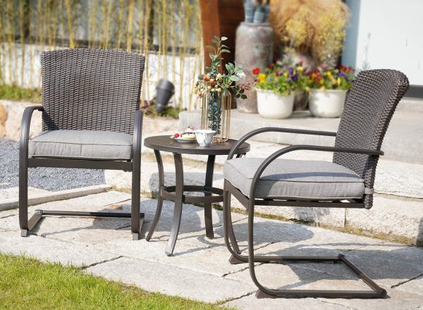 Grand patio 3 Piece Outdoor Bistro Set with Cushioned Wicker Spring Chairs and Metal Side Table Online