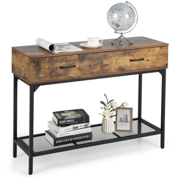 2 Drawers Industrial Console Table with Steel Frame for Small Space For Cheap