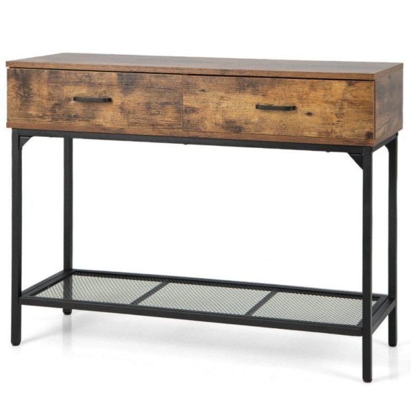 2 Drawers Industrial Console Table with Steel Frame for Small Space For Cheap