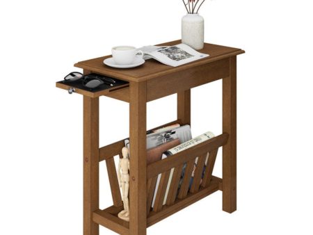 2-Tier Narrow End Table with Pull-out Tray and Solid Rubber Wood Legs For Sale