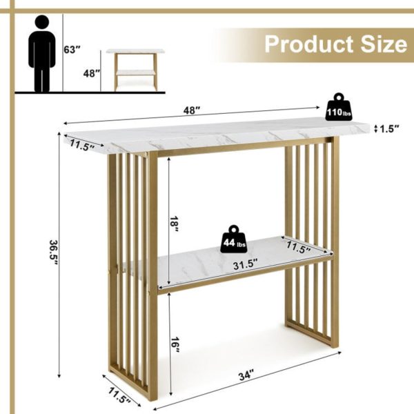 48 Inch 2-Tier Console Table with Gold Finished Frame For Sale