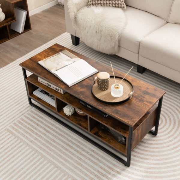 3-Tier Industrial Style Coffee Table with Open Shelf and 3 Storage Cubbies For Discount