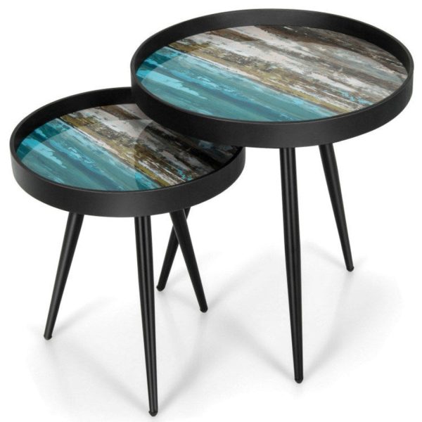 Set of 2 Stylish Nesting End Tables with Wooden Tray Top and Steel Legs Hot on Sale