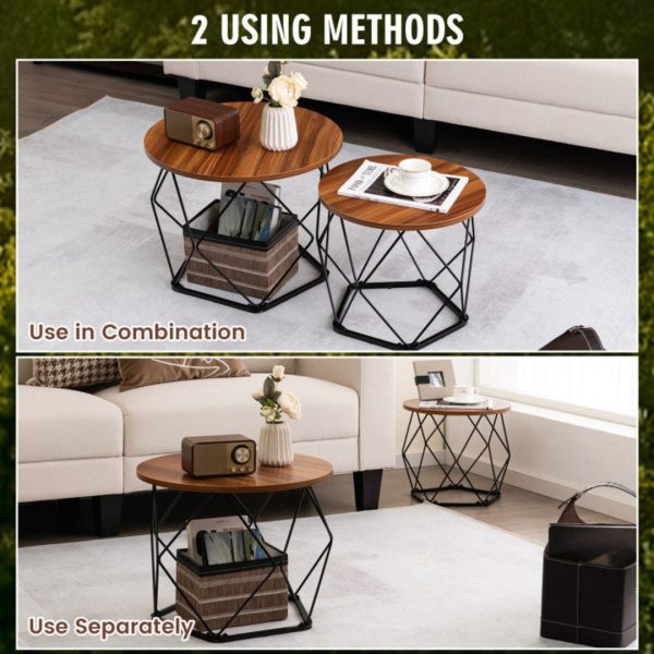 Set of 2 Modern Round Coffee Table with Pentagonal Steel Base For Sale