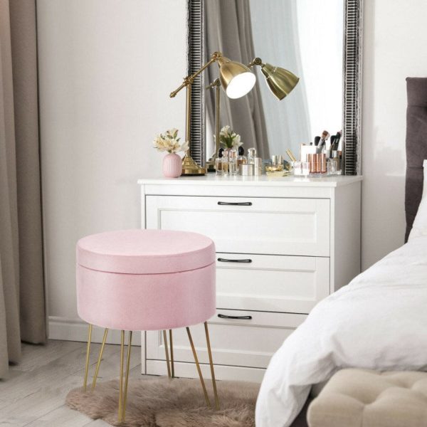 Round Velvet Storage Ottoman Footrest Stool Vanity Chair with Metal Legs Online Hot Sale