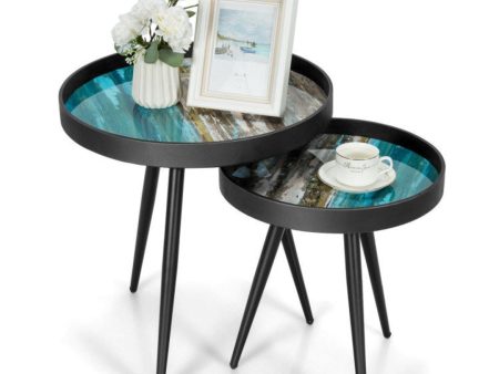 Set of 2 Stylish Nesting End Tables with Wooden Tray Top and Steel Legs Hot on Sale