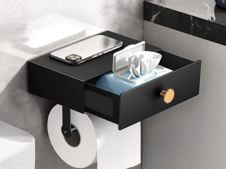 Toilet Paper Holder with Shelf Black Wipes Dispenser for Bathroom Stainless Steel Toilet Paper Holder with Storage Drawer Adhesive Wall Mount Small Bathroom Supply