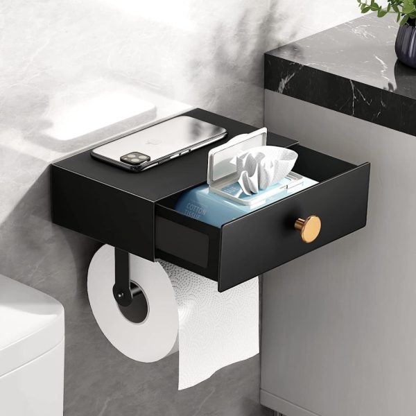 Toilet Paper Holder with Shelf Black Wipes Dispenser for Bathroom Stainless Steel Toilet Paper Holder with Storage Drawer Adhesive Wall Mount Small Bathroom Supply